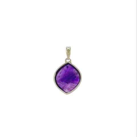 Purple gemstone amethyst pendant with silver frame on a white background