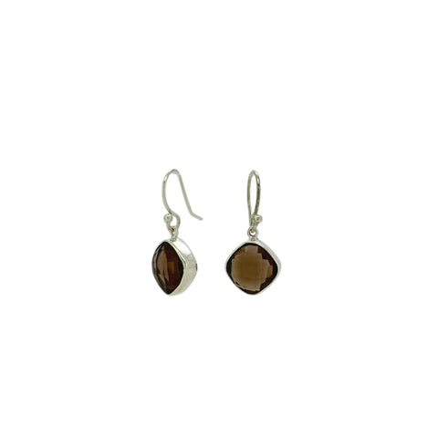 Smoky Quartz Faceted Diamond Drop Earrings